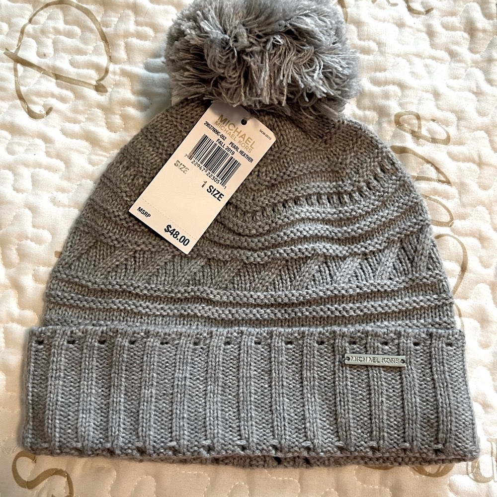 Michael Kors Gray Knit Women’s Beanie with Silver Logo and Pom Pom